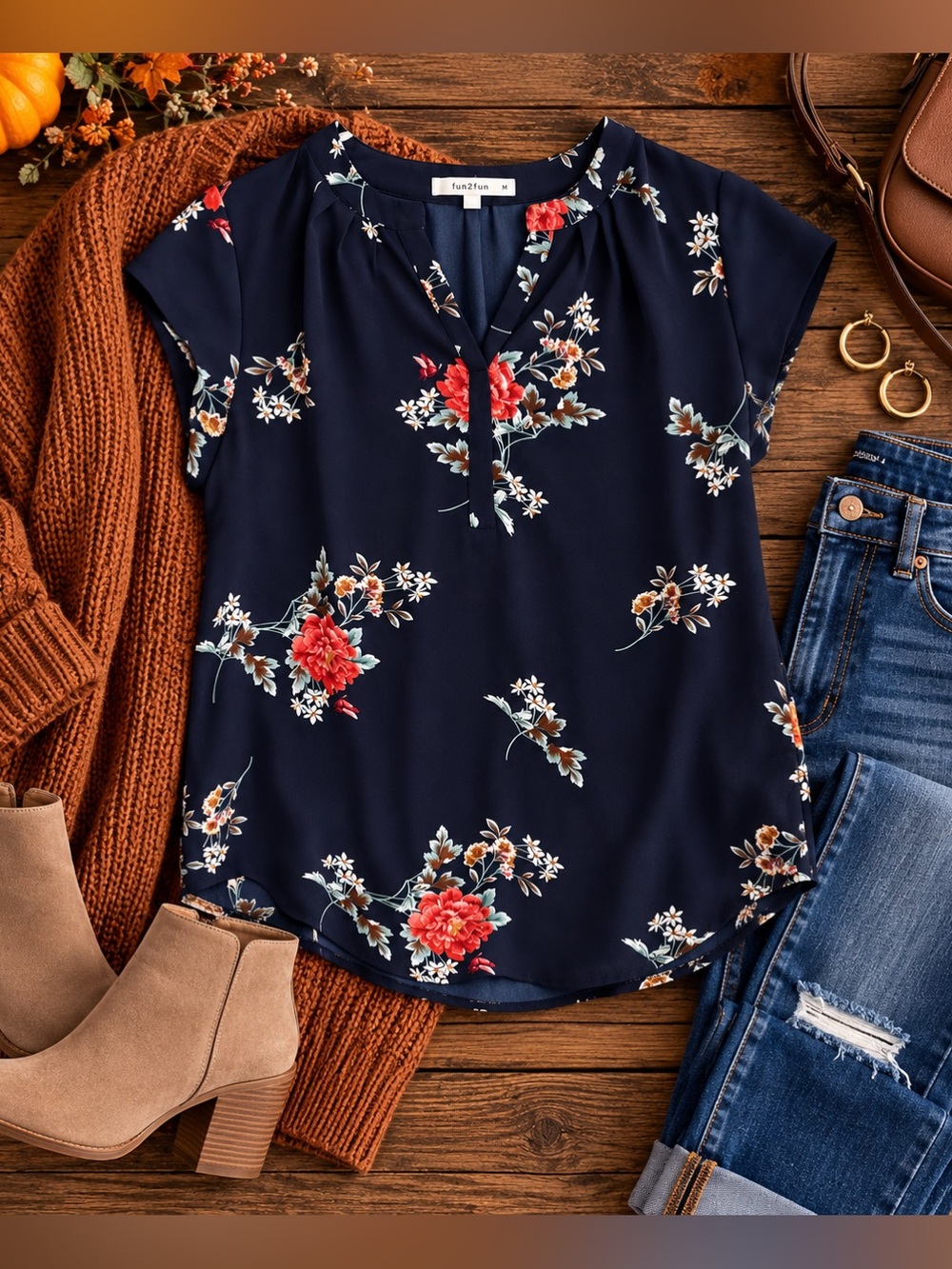 fun 2 fun Navy Floral Cap-Sleeve Blouse with Red Accents